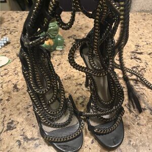 Monika Chiang Black and Gold Chain-Wrap Lace-Up Sandals